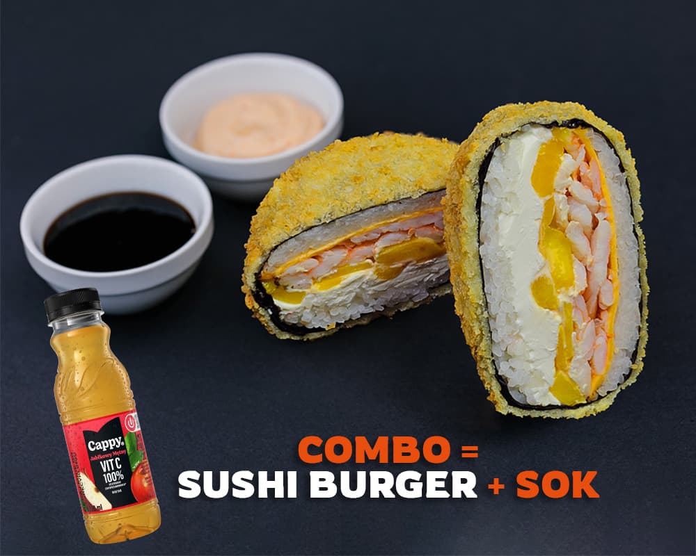 Sushi burger with mango and shrimp + Juice – sushi menu