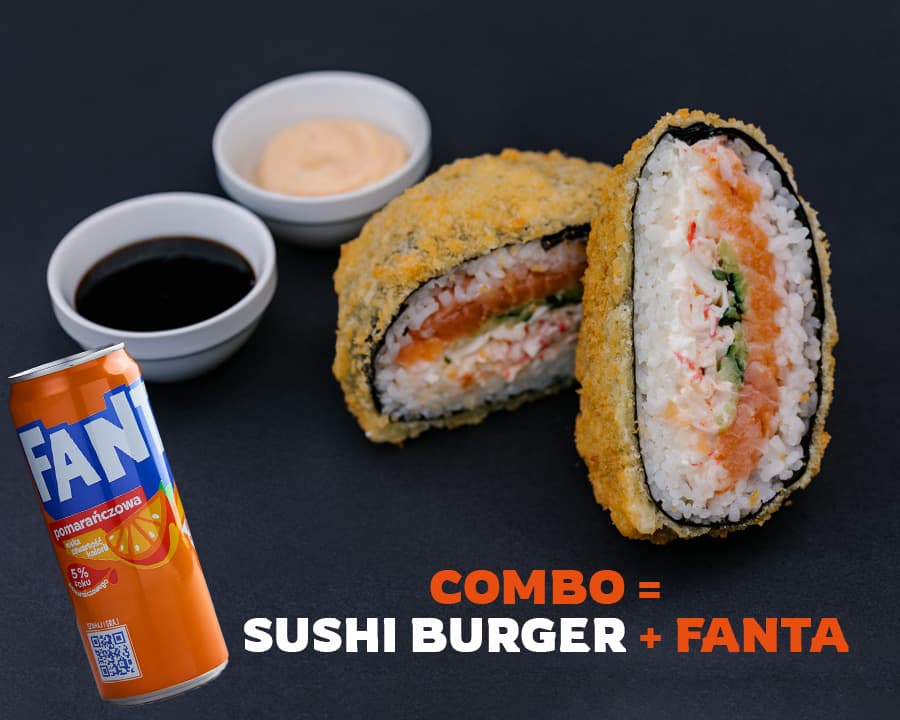 Sushi burger with salmon and crab + Fanta 0,33 – sushi menu