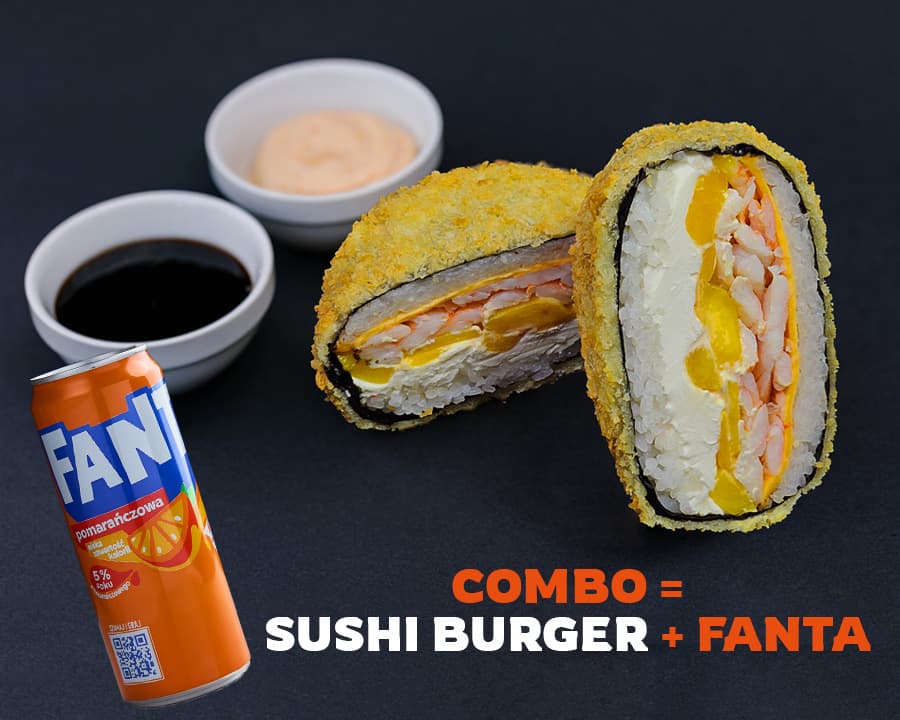 Sushi burger with mango and shrimp + Fanta 0,33 – sushi menu